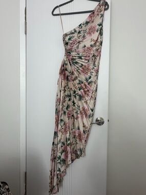 Petal & Pup Cream One-Shoulder Floral Pleated Midi Dress with Pink Roses